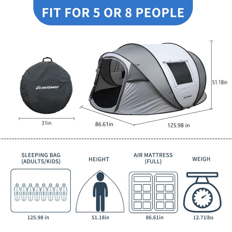 EchoSmile Instant Pop Up Camping Tent, 2/4/6 Person, Easy Setup Tent, Water Resistant Dome, Portable with Carry Bag - Image 4